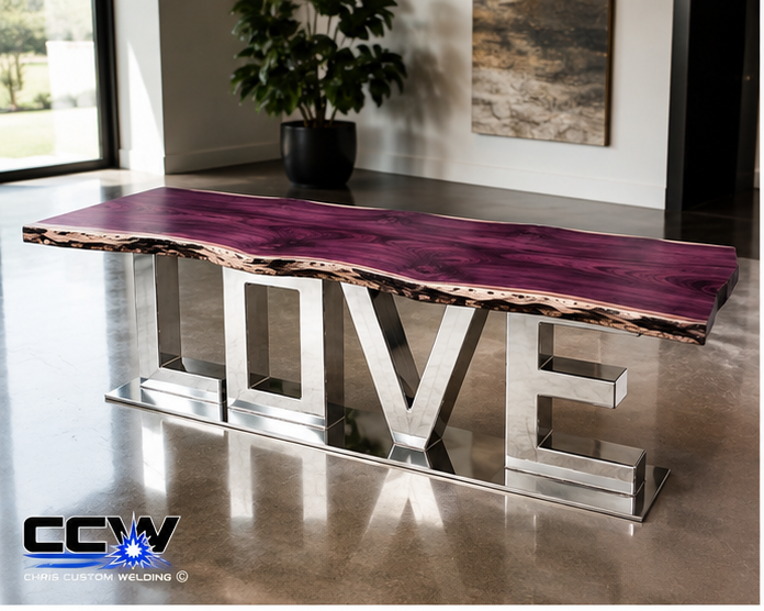 Purpleheart live-edge table on a reflective metal LOVE letter base made by Chris Custom Welding